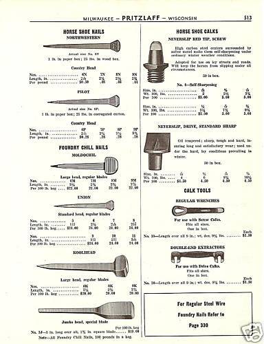 HORSE SHOE NAILS COLKS FARRIER SUPPLY 1930 CATALOG AD  