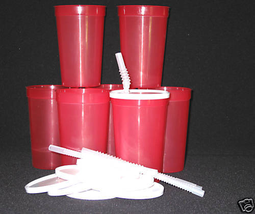 12 RED PLASTIC DRINKING GLASSES LIDS STRAWS CUP MFG USA  