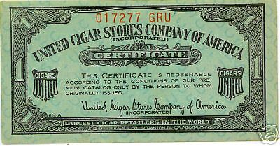 United Cigar Stores Company of America Certificate  