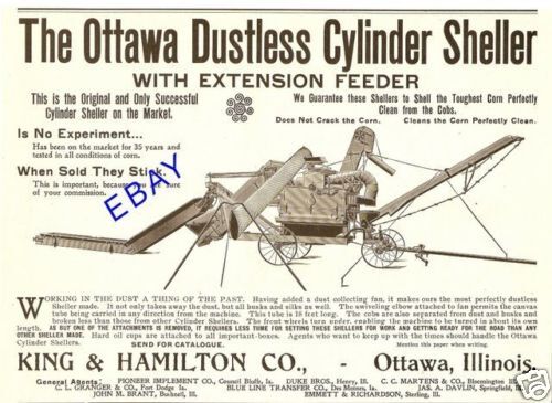 LARGE 1900 OTTAWA DUSTLESS CYLINDER CORN SHELLER AD IL  