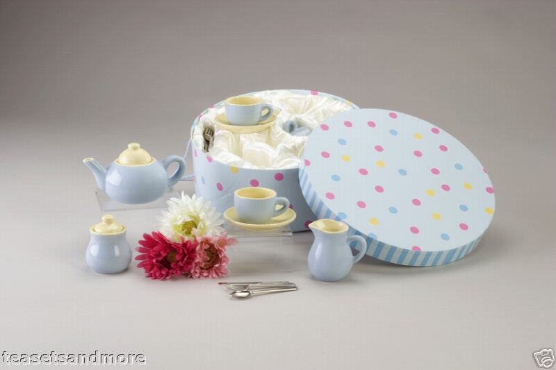 Childs Large Tea Set For 4 Hat Box Case Blue & Yellow  