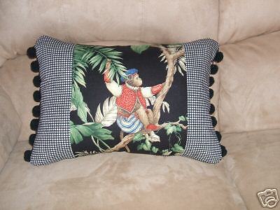 Black Copacabana Jungle Monkey Palm Tree Toile Pillow  