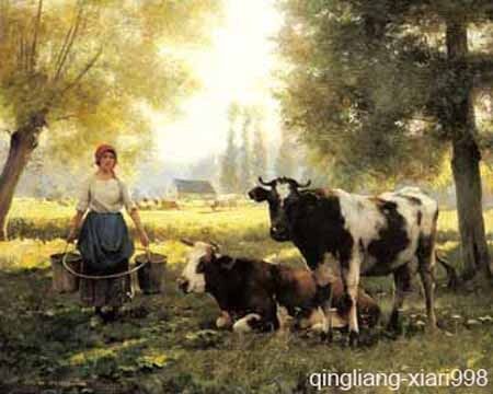 Handicrafts oil paintingWoman and farm milk cow  