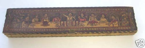 Antique Pyrography Flemish Art toy school pencil box  