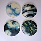  Set Of 4  White blue & Gray Marble Stone Pattern on a  Wood bottom 