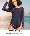 NWT $35  Women's Large All In Motion Printed Rash Guard Swim Top / Shirt UPF 50+