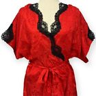 Vintage Delicates Womens Lingerie Beaded Robe Red Satin Black Floral Lace large