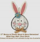 17" Distress Whitewash Bunny w/ Flower Wood & Galvanized  Metal Sign Wall / Door