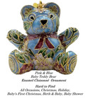 Gold Plated, Enamel Cloisonné  Ornament Pink & Blue Baby Teddy Bear