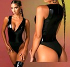 NWT OH POLLY Sexy Black Stretch Plunge Neck Vinyl Latex Bodysuit Size 2