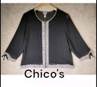 Chico's Top Blouse Womens Size 2 = M 12-14 Zip Front Black w/ Animal Print Trim