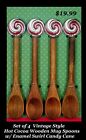 Set 4 Vintage Style Hot Cocoa Wooden Mug Spoons Enamel Swirl Candy Cane Handle