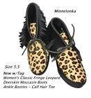 Minnetonka Women's Classic Fringe Leopard Deerskin Moccasin Boots Booties  5.5
