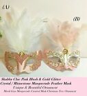 Shabby Chic Pink Blush & Gold Glitter Crystal Masquerade Feather Mask Ornament