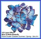 (12) 3D Layer Effect Blue White Butterfly Floral Cluster Coasters Summer Spring 