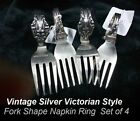 Vintage Silver Victorian Style Fork Shape Silverware Napkin Ring Holders Set / 4