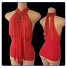 XOXO Red Sexy&nbsp; Stretch Bodycon Fringed Jewel Beaded Halter Neck Top Size Medium