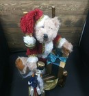 10" Christmas Figurine Toys Plush Teddy Bear soldier pull toy on a Wooden Chair
