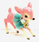 Fawn Deer Figurine Retro Style Tea Sparkly Collar & Flowers Pink 5" 