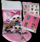 4pc Large Pink Satin LOL Glitter Christmas Stocking + 8 Tattoos & 4 Rhinestone 