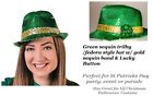 St. Patrick’s Day top hat Sequin Trilby / Fedora Hat W/ Lucky Button removeable