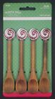 Set 4 Vintage Style Hot Cocoa Wooden Mug Spoons Enamel Swirl Candy Cane Handle