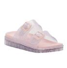 Big Girls Size 5 Pink Glitter Slip-On Jelly Slides Sandals w/ cushioned footbed