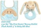 DAN DEE 2 PC. SET My First Easter Bunny Rabbit Plush Rattle 5" & Baby Bib Blue
