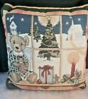 Vintage Tapestry Christmas Throw Pillow Angel Bear at the window 16" x 16"