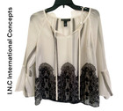 INC Women's Black Lace-hem White Pullover Crewneck Shirt Tunic Top bell sleeve