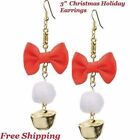 3" Christmas Holiday Earrings red bows  & gold jingle bells  Free Shipping