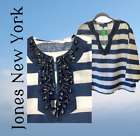 Jones New York Women’s XL Bejewel  Linen Blouse Blue & White Striped Tunic Top