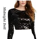Sexy Evening Cocktail Party Black Velvet Shimmering Sequin Crop Top Size 7 M