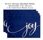 4 Christmas Hanukkah Holiday Mid-Night Blue Velvet  Placemat "JoY" Gold Metallic