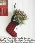 20" Pine Cone Floral Berries Buffalo Check & Black Faux Fur Stocking  Wall /Door
