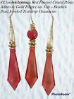 3 - Red Crystal Prism Filigree Beaded Pearl Jeweled Hanging Teardrop Ornament 8"