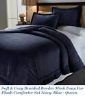 Soft & Cozy Braided Border Mink Faux Fur Plush Comforter Set Navy  Blue - Queen