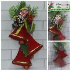 Vintage Red Velvet Flocked Christmas Bells Wall Hanging Country Silk X6157