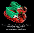 New Santa’s Christmas Elf Sequins Slippers Jingle Bell - Fits Youth  Size L - XL